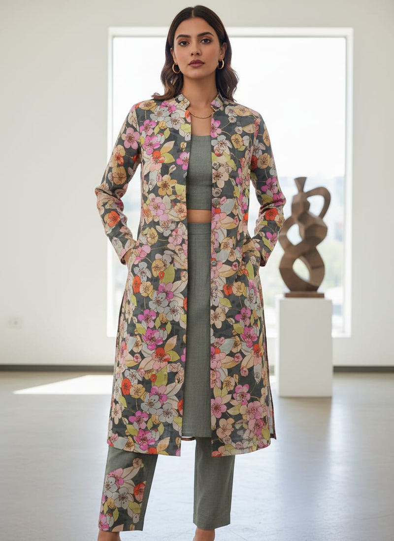 Black Floral Linen Satin Fabric