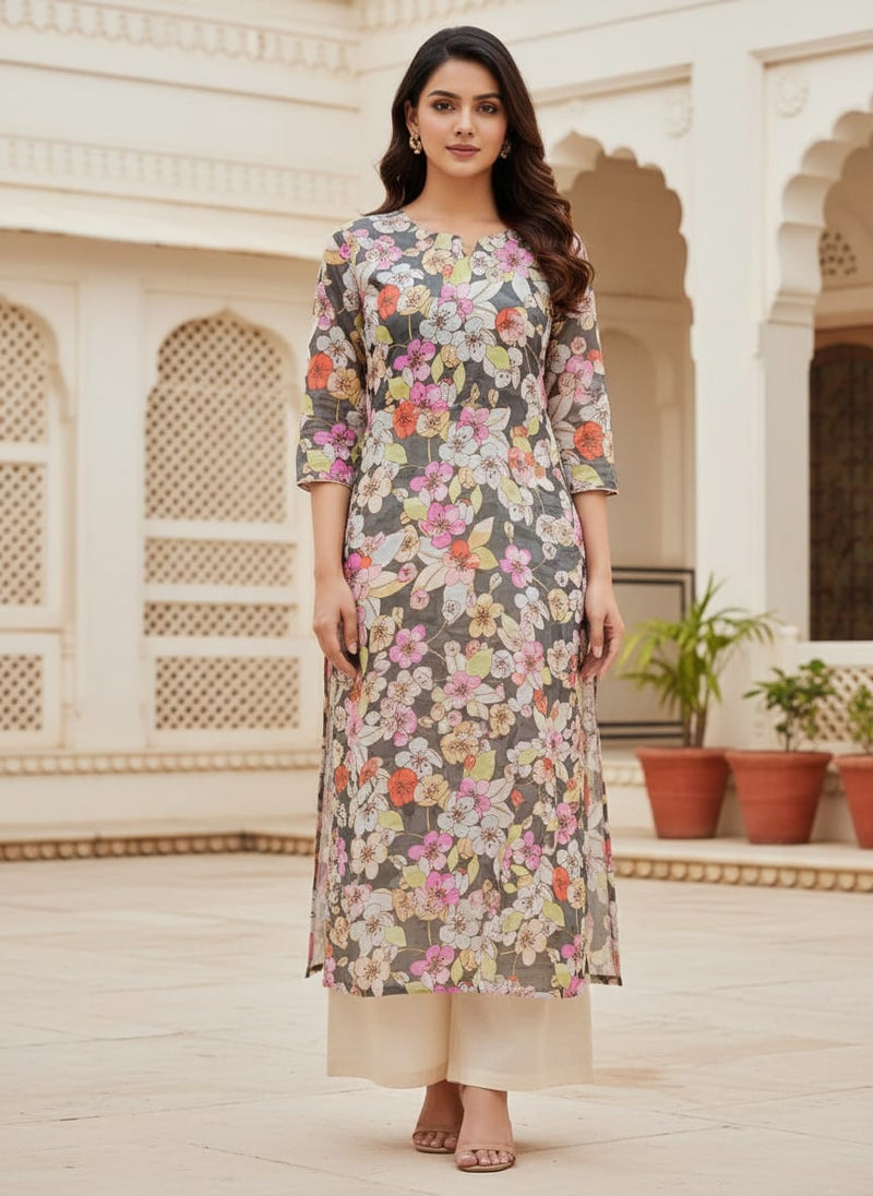 Black Floral Linen Satin Fabric
