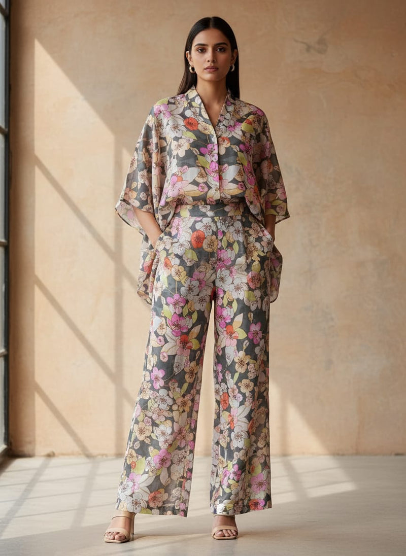 Black Floral Linen Satin Fabric