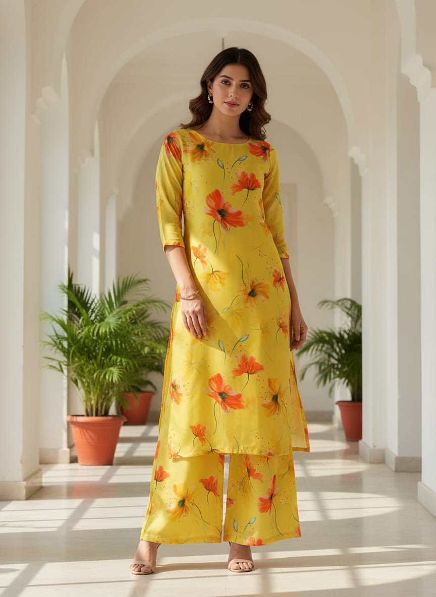 Yellow Floral Printed Crepe Fabric