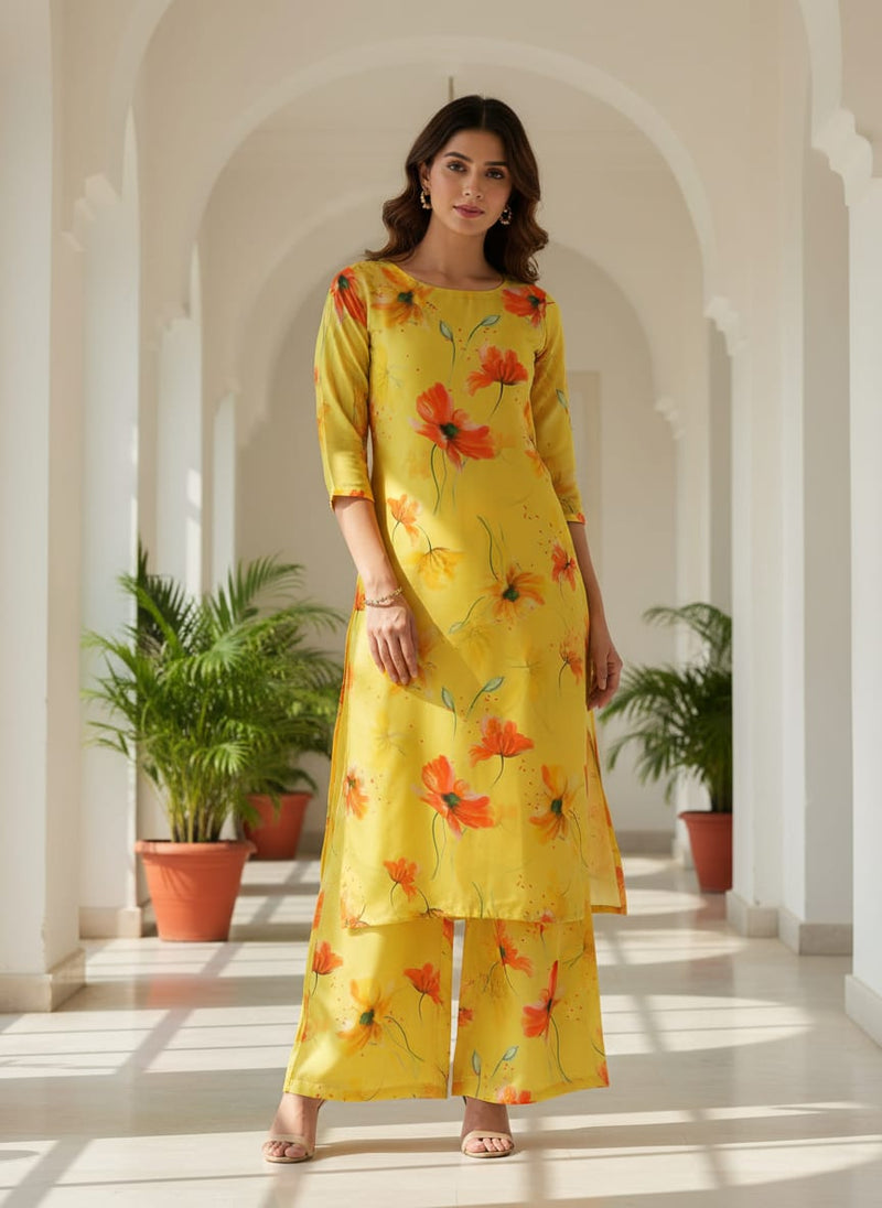 Yellow Floral Printed Crepe Fabric