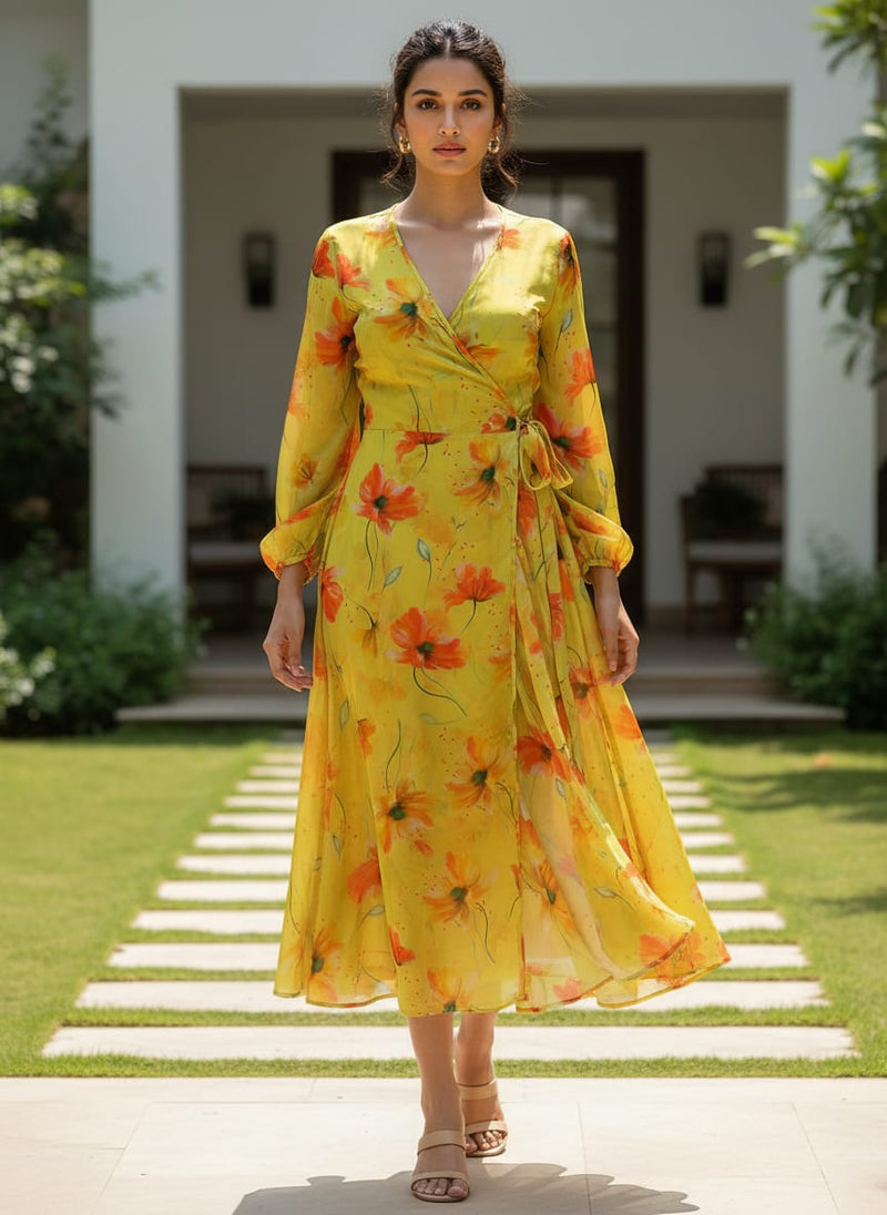 Yellow Floral Printed Crepe Fabric