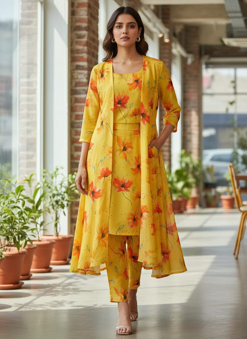 Yellow Floral Printed Crepe Fabric