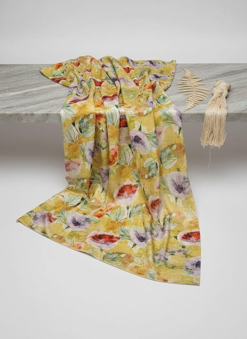 Yellow Watercolor Floral Printed Satin Fabric
