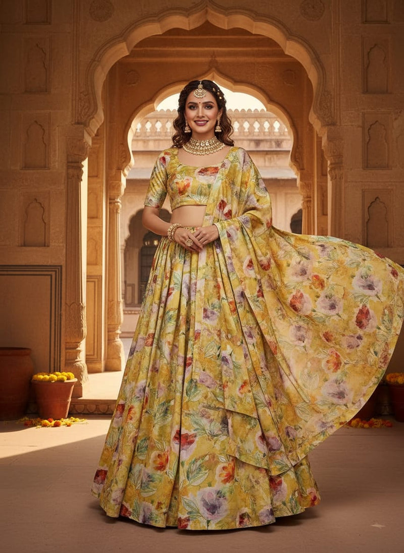 Yellow Watercolor Floral Printed Satin Fabric