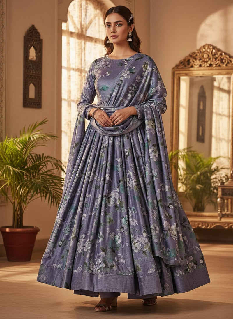 Blue Floral Printed BSY Velvet