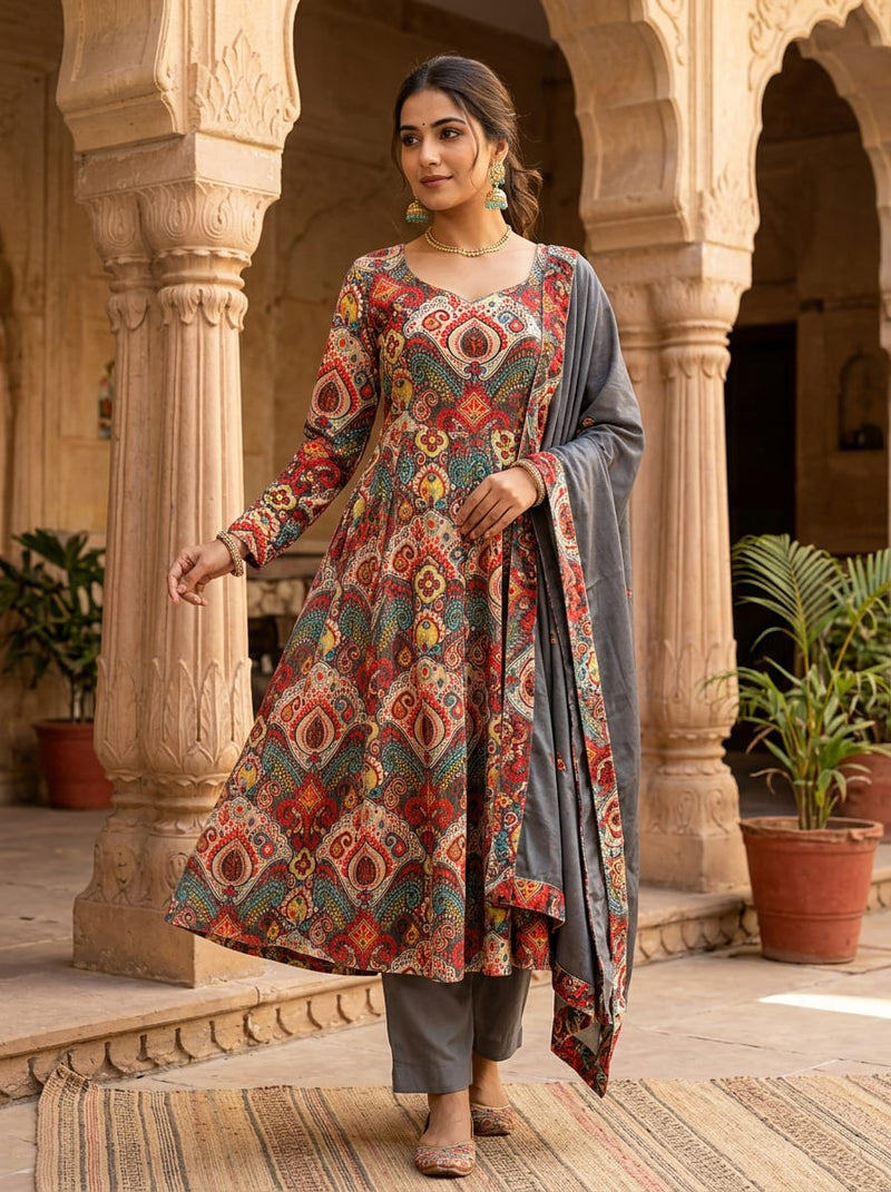 Multicolor Ethnic Paisley Damask BSY Velvet Digital Printed Fabric