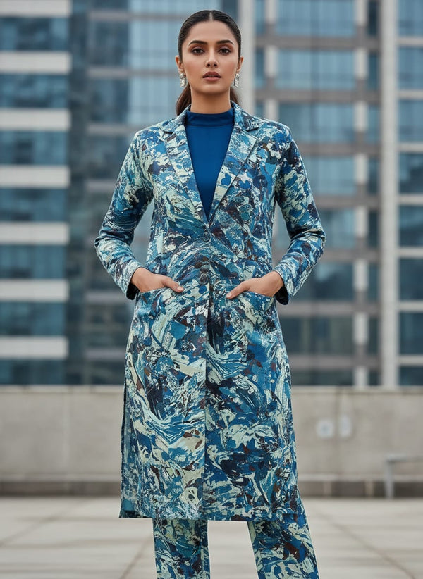 Blue Abstract Print Velvet Fabric - Blazer Kurta with Trousers Lookbook - BSVL-0-AA731-110 - alternate view