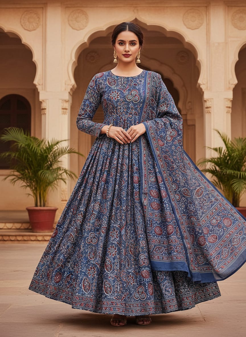 Dola Silk Ajrakh Printed Fabric