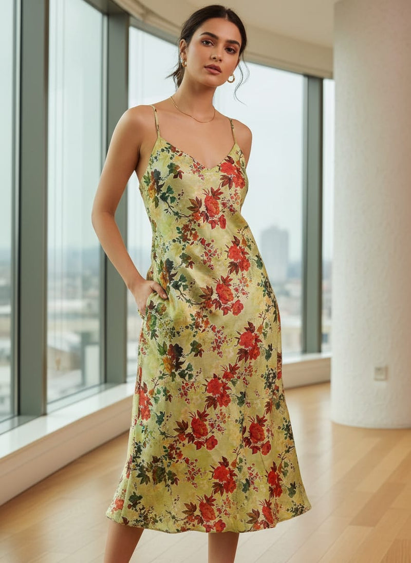 Green Floral Printed Dola Silk Fabric