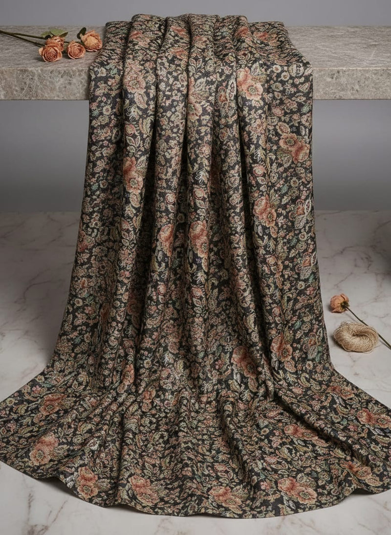 Black Floral Printed Dola Silk Fabric