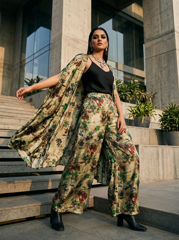 Multicolor Abstract Botanical Floral Dola Silk Digital Printed Fabric - Cape with Palazzo Lookbook - DS-0-AA703-110 - alternate view