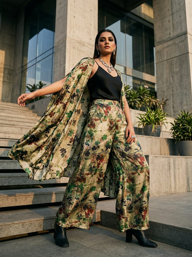 Multicolor Abstract Botanical Floral Dola Silk Digital Printed Fabric