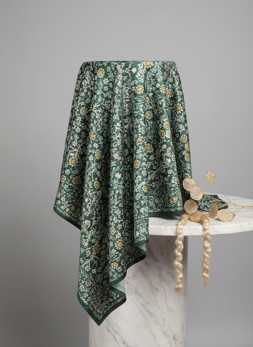 Green Floral Printed Dola Silk Fabric