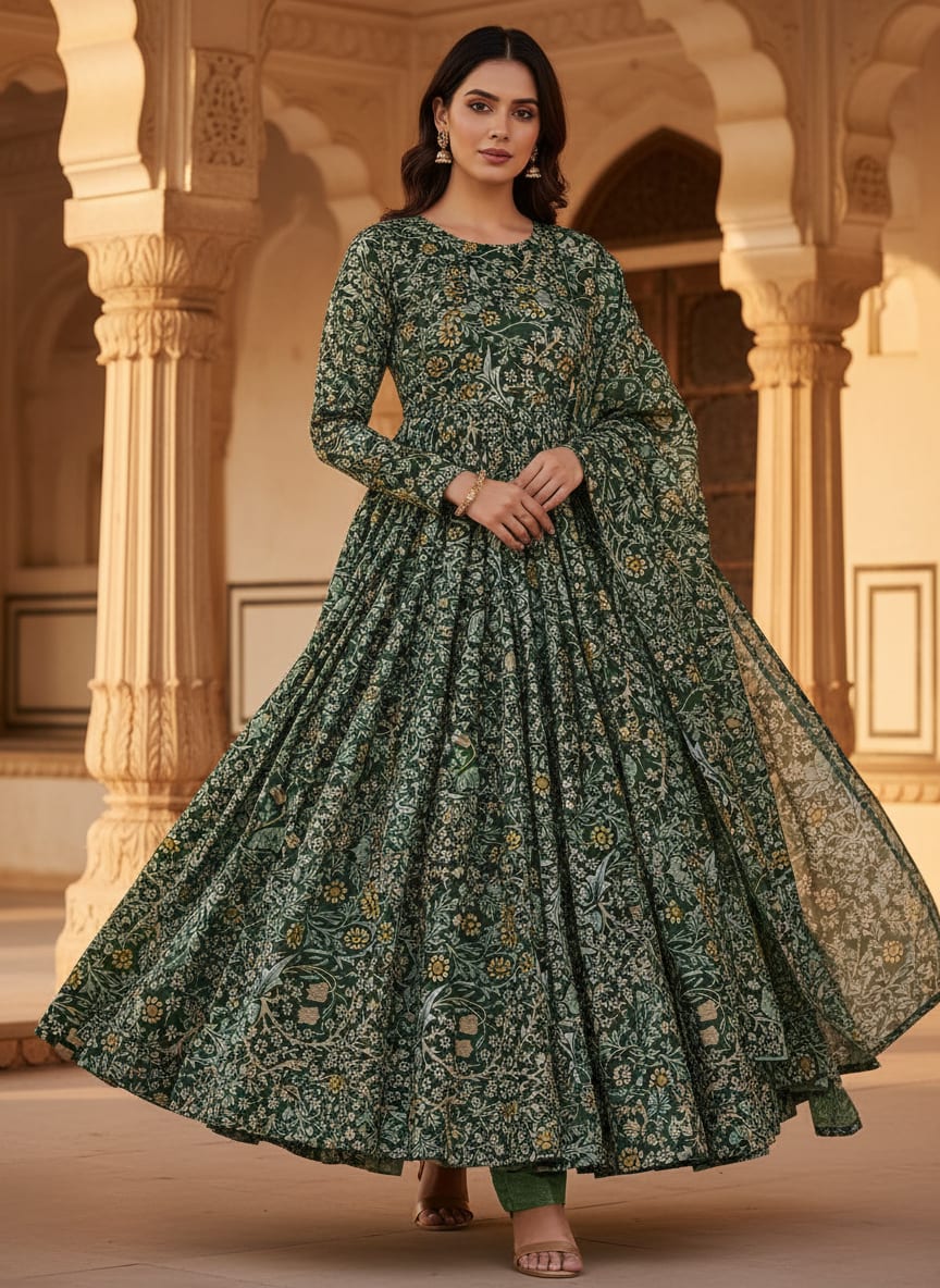 Green Floral Printed Dola Silk Fabric