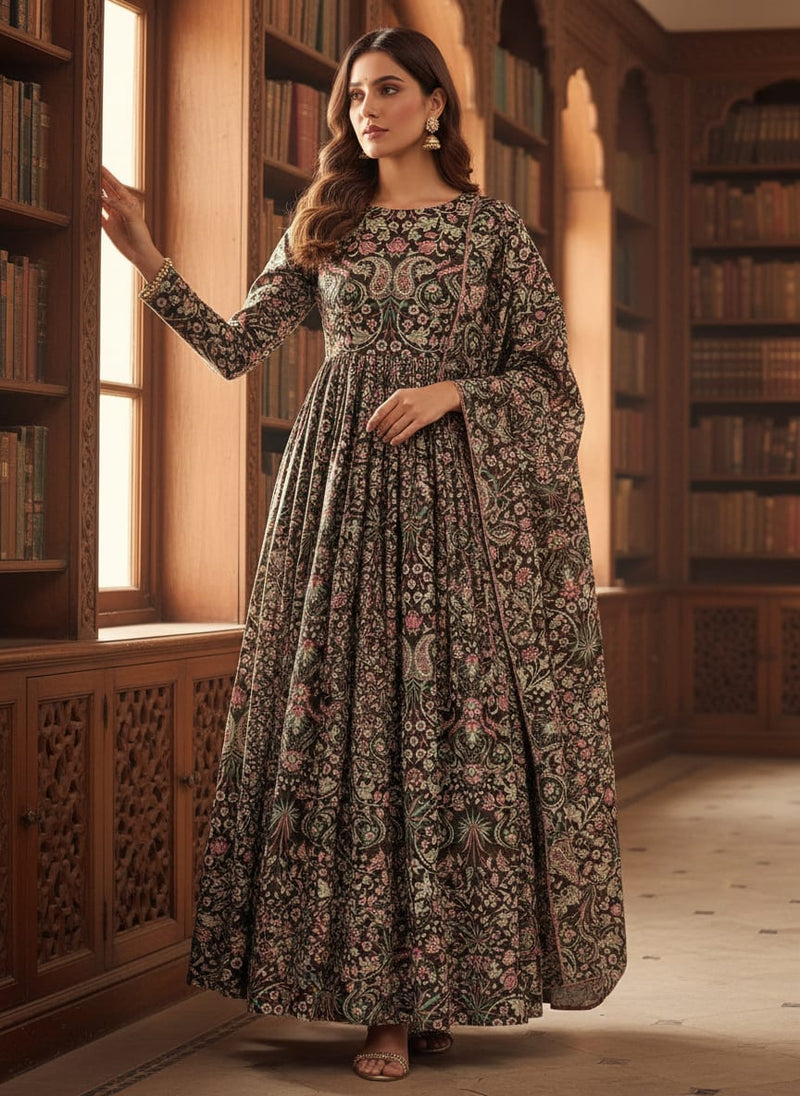 Dola Silk Black Floral Paisley Printed Fabric