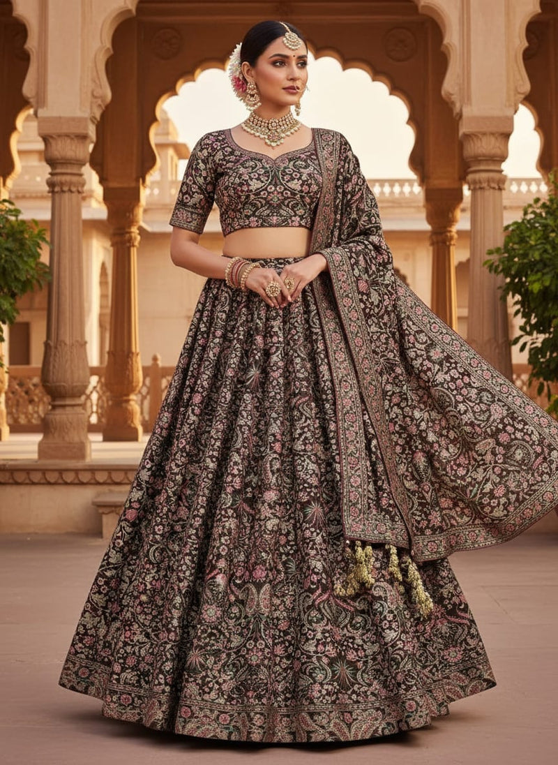 Dola Silk Black Floral Paisley Printed Fabric