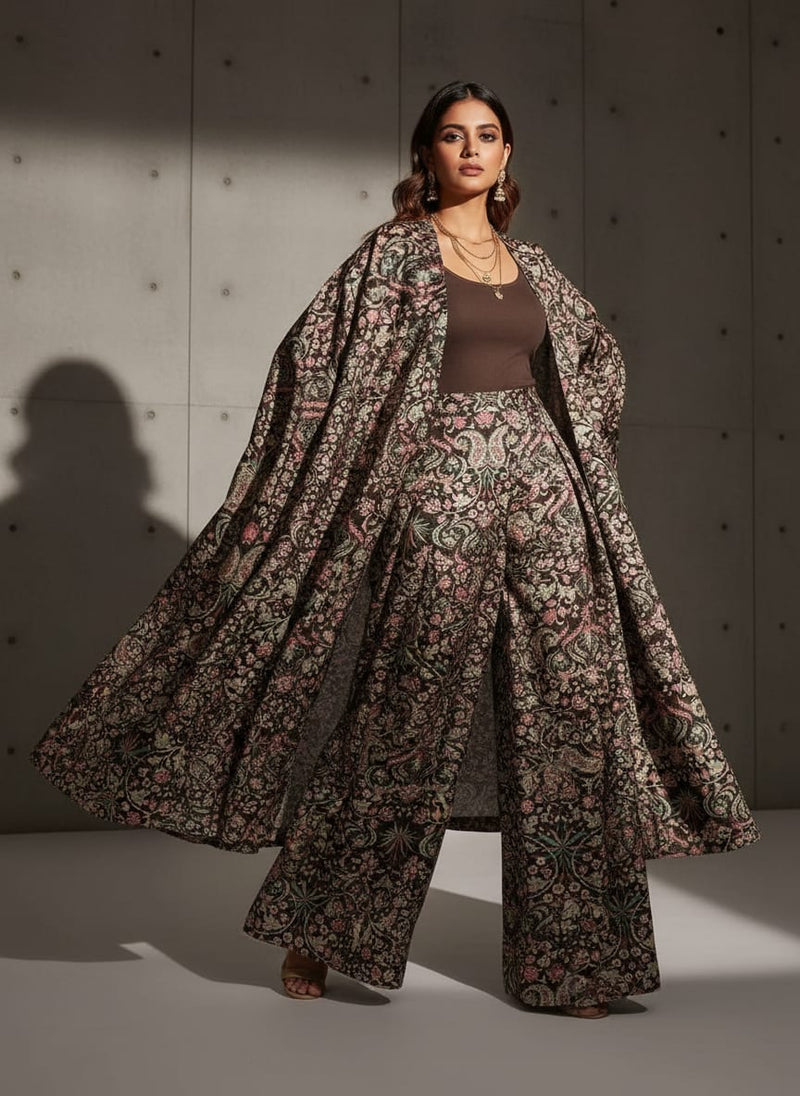 Dola Silk Black Floral Paisley Printed Fabric
