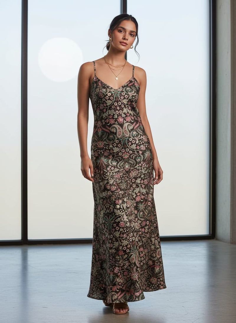 Dola Silk Black Floral Paisley Printed Fabric