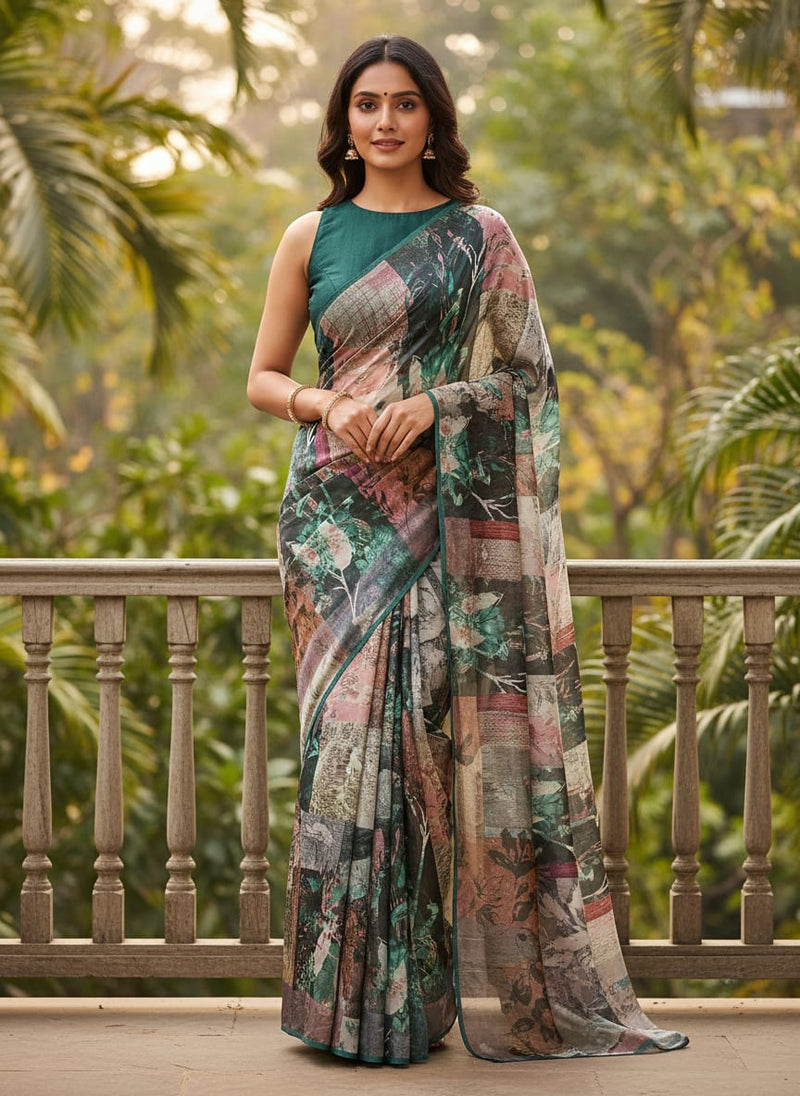 Multicolor Floral Printed Dola Silk Fabric