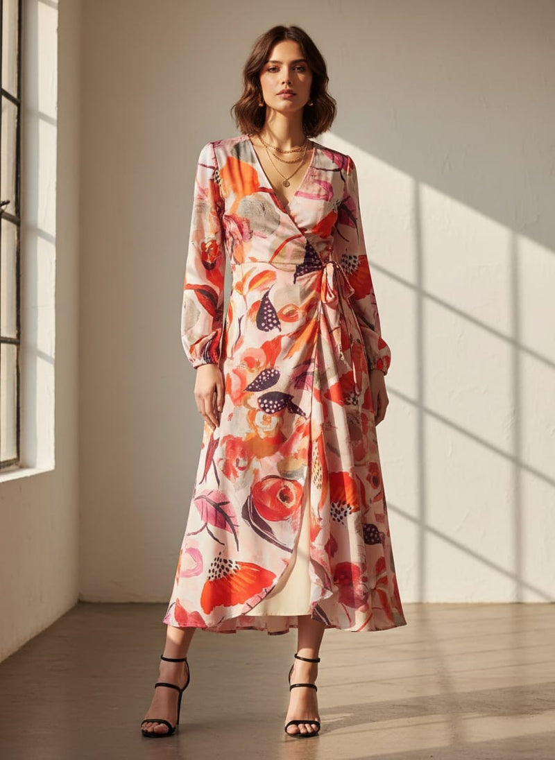 Red Floral French Crepe Fabric