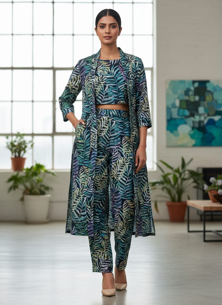 Tropical Leaves French Crepe Fabric
