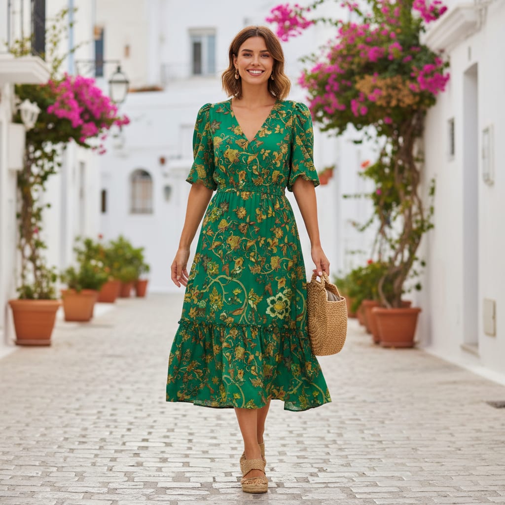 Green Floral French Crepe Fabric