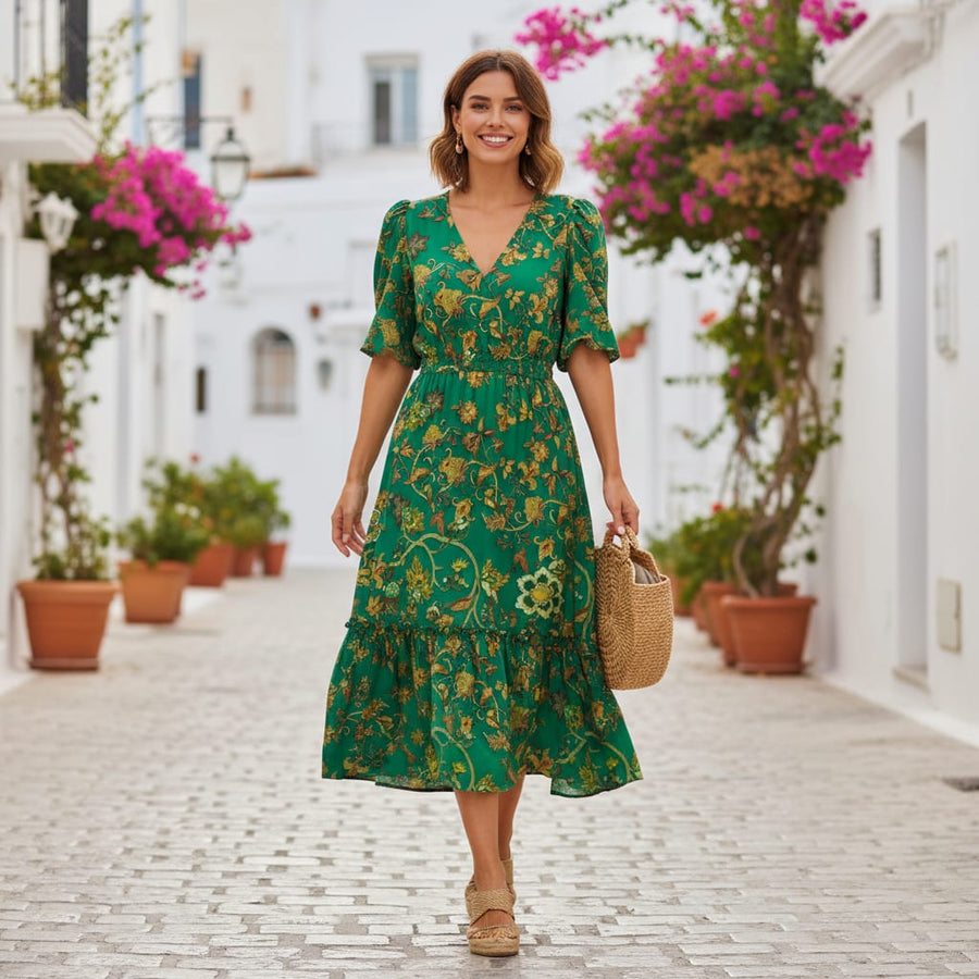 Green Floral French Crepe Fabric