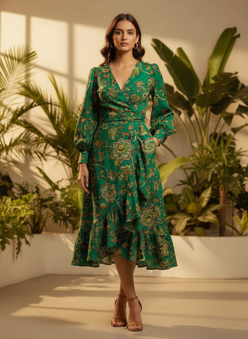Green Floral French Crepe Fabric