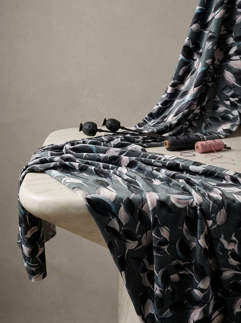 Grey Abstract Painterly Leaves BSY Velvet Digital Printed Fabric