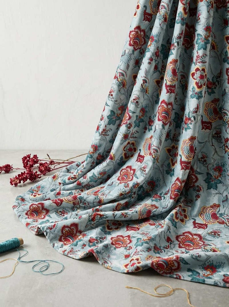Blue Ethnic Floral Vine BSY Velvet Digital Printed Fabric