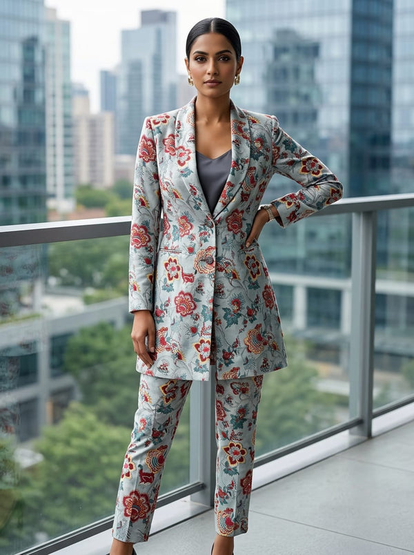 Blue Ethnic Floral Vine BSY Velvet Digital Printed Fabric - Blazer Kurta with Trousers Lookbook - BSVL-0-AA745-110 - alternate view