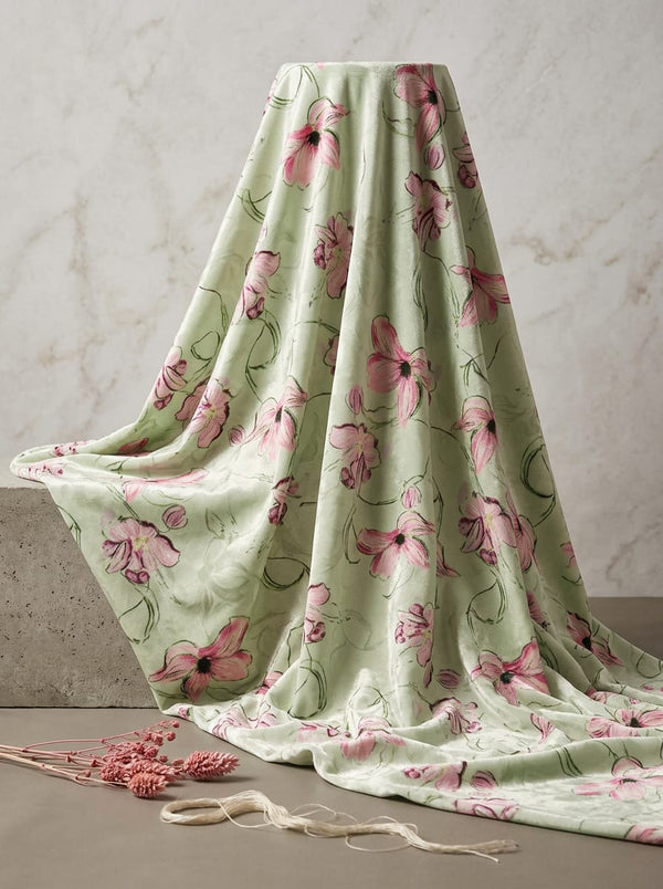 Green Painterly Pink Floral BSY Velvet Digital Printed Fabric - Fabric Editorial Studio Flatlay Lookbook - BSVL-0-AA734-110