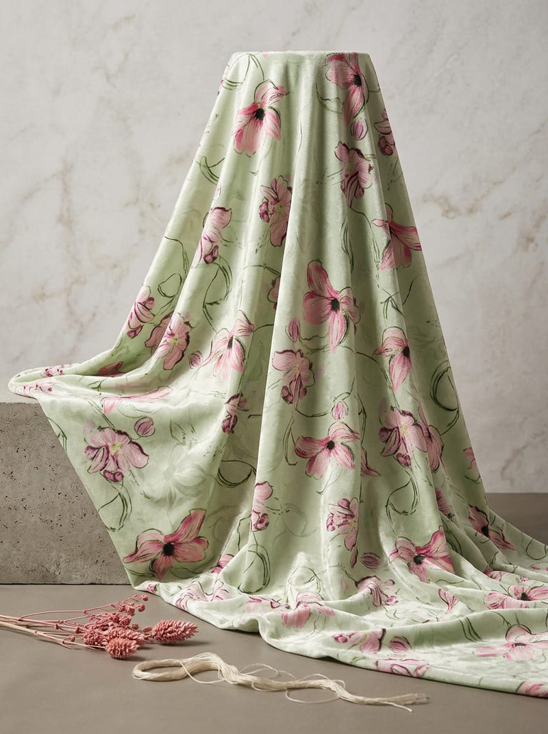 Green Painterly Pink Floral BSY Velvet Digital Printed Fabric