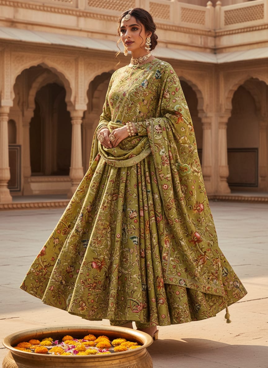 Green Floral Printed Velvet Fabric