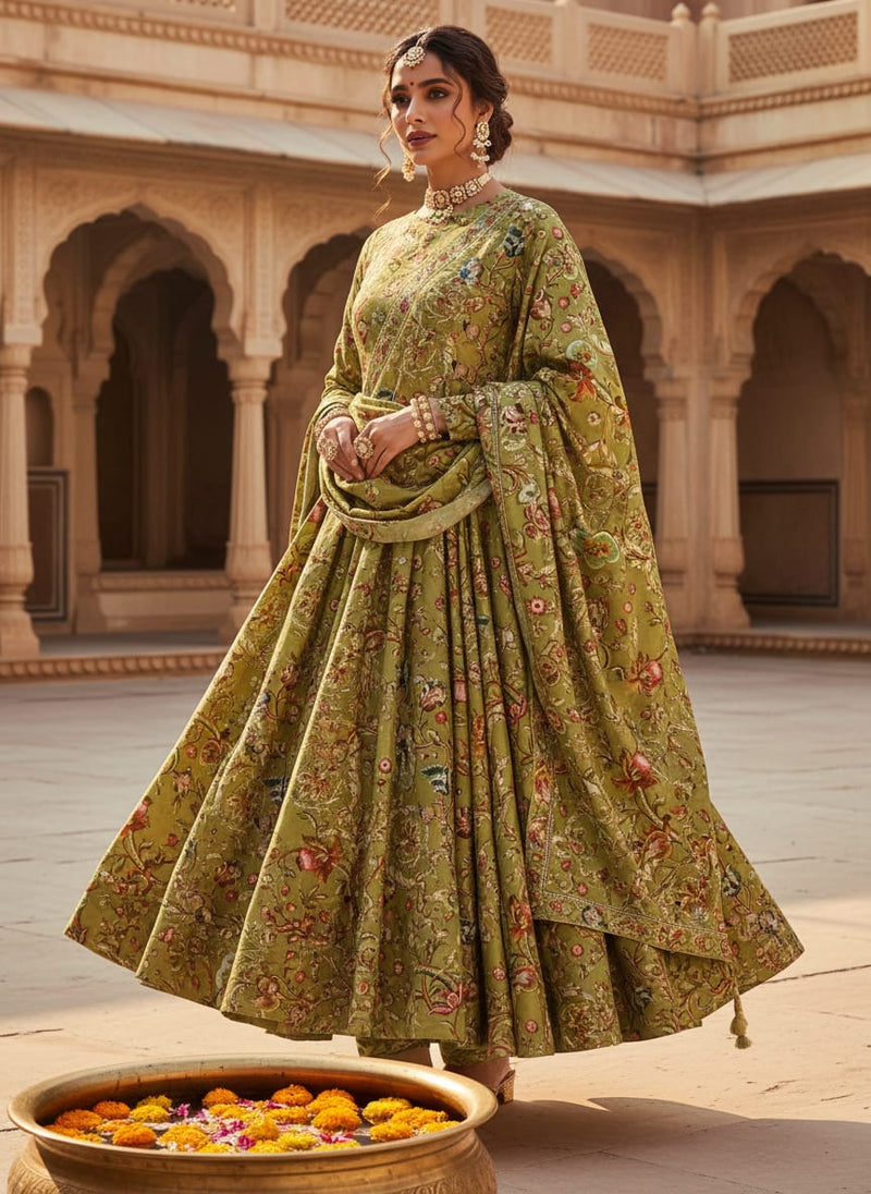Green Floral Printed Velvet Fabric