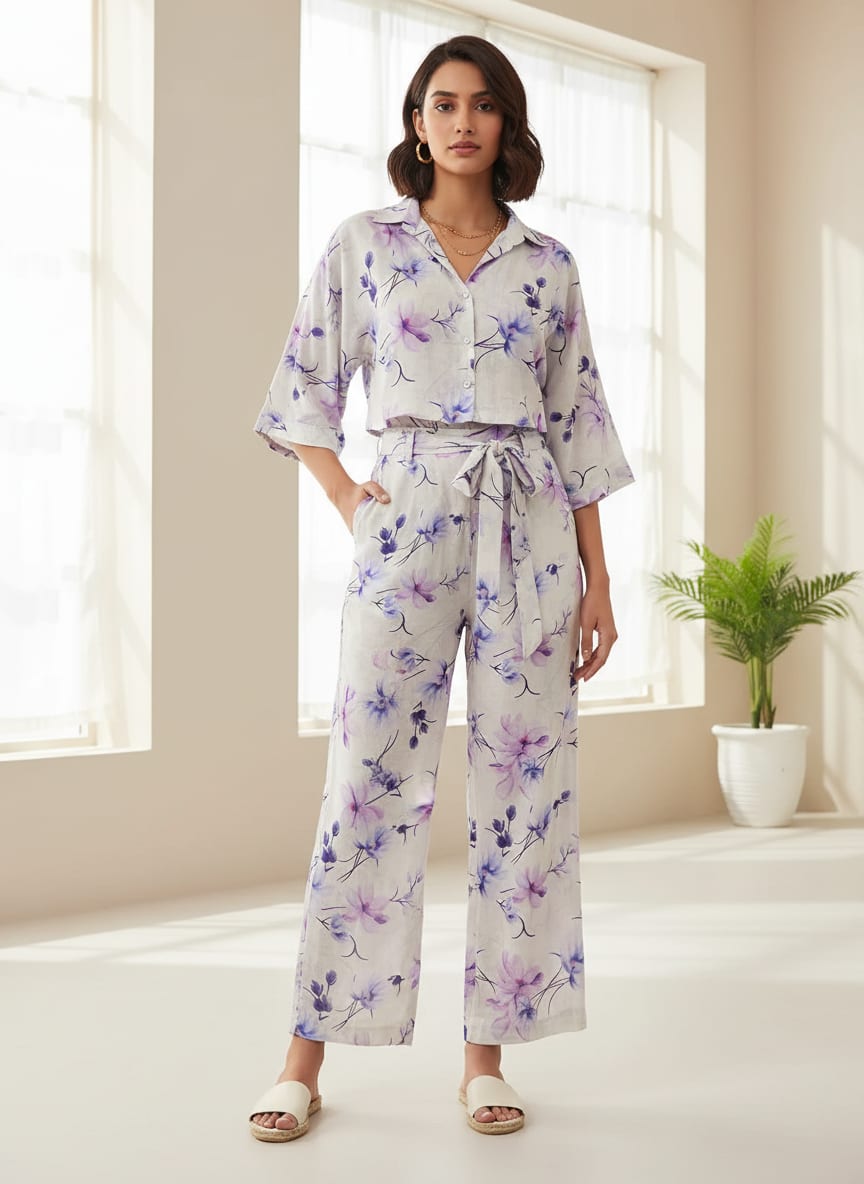 Purple Floral Printed Linen Fabric