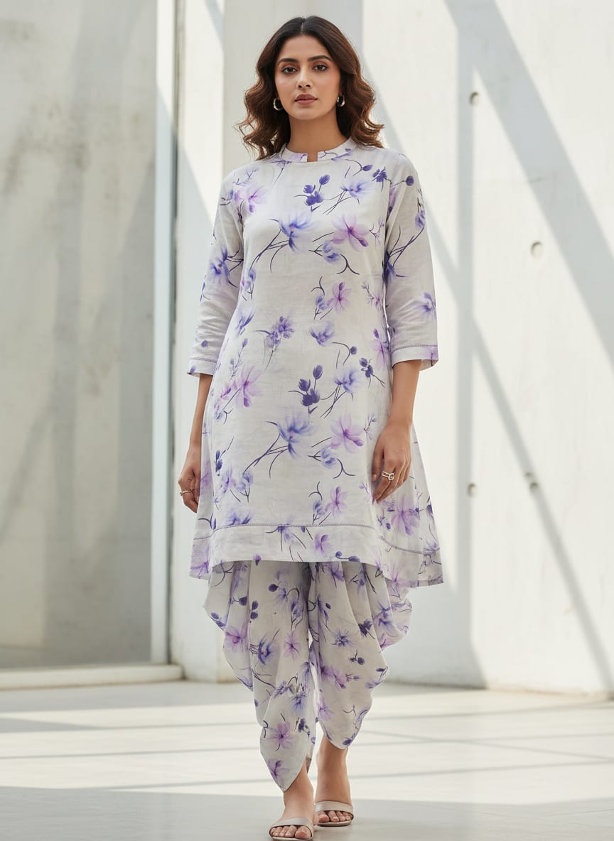 Purple Floral Printed Linen Fabric