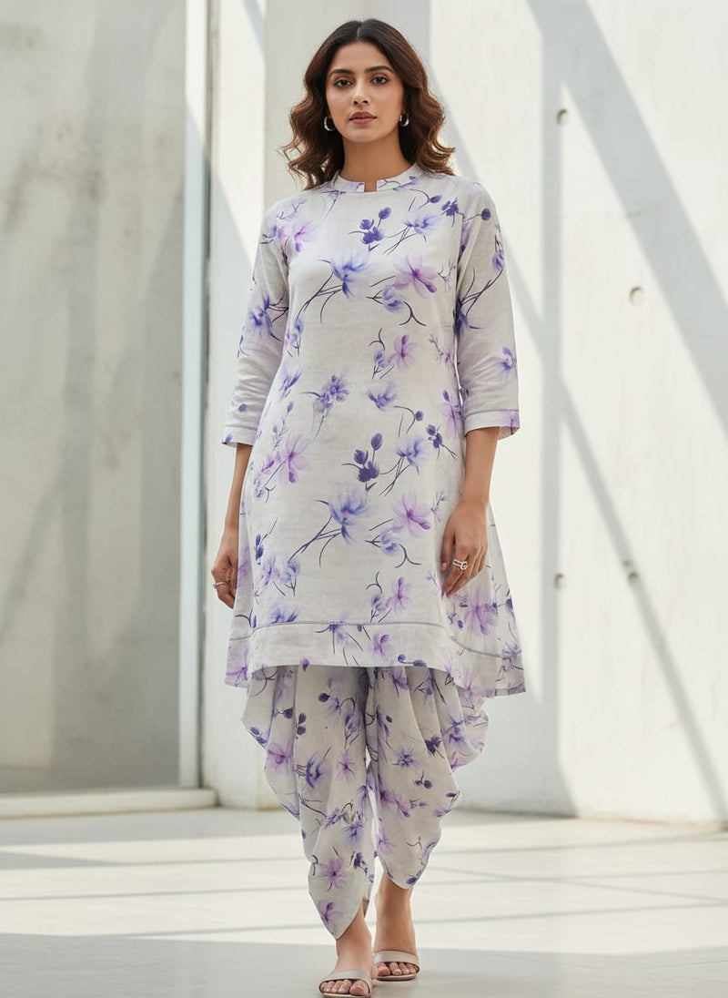 Purple Floral Printed Linen Fabric