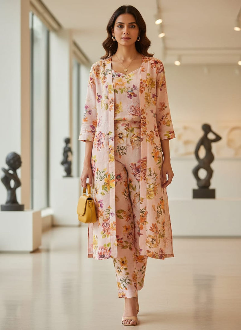Peach Floral Linen Fabric