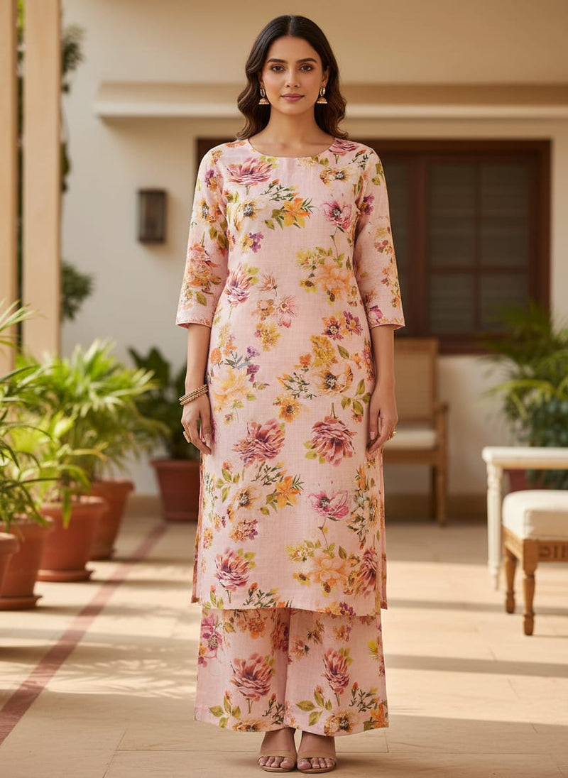 Peach Floral Linen Fabric