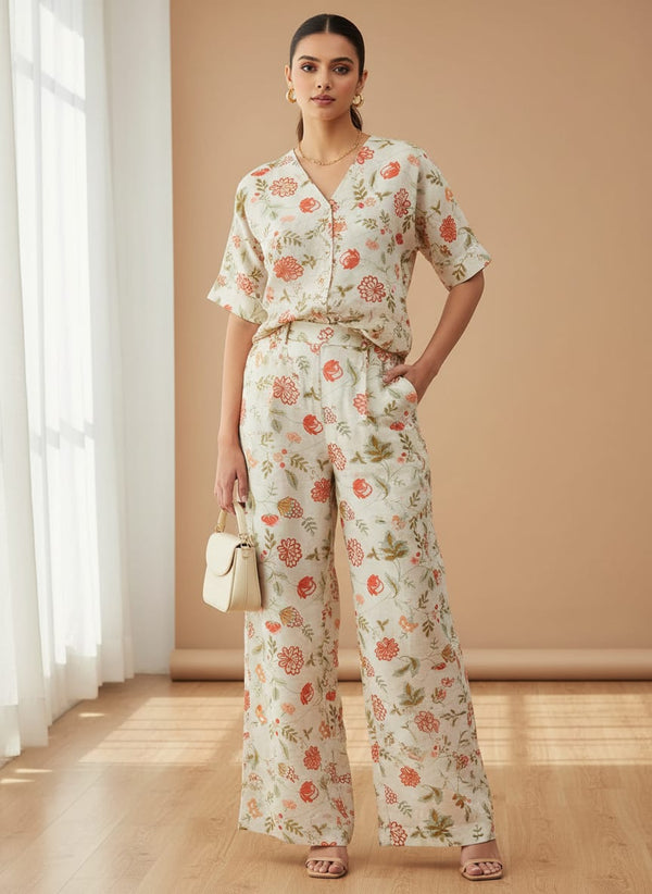Linen Floral Printed Fabric - Co-ord Set with Wide Leg Pants Lookbook - POLI-SA-AA849-110 - alternate view
