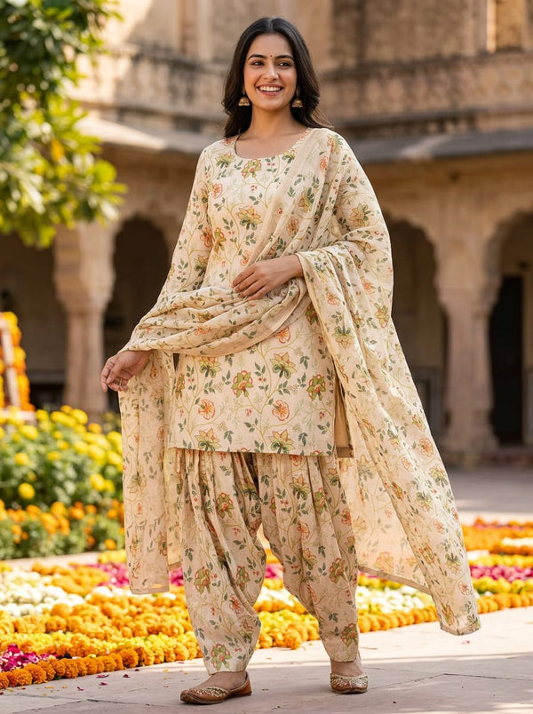 Cream Ethnic Botanical Floral Vine Linen Satin Digital Printed Fabric - Patiala Salwar Set Lookbook - POLI-SA-AA838-110 - alternate view