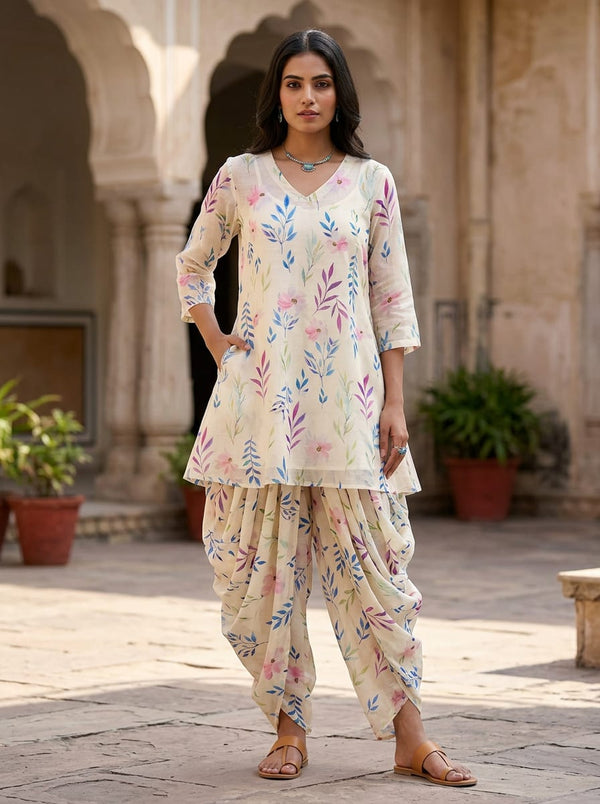 Multicolor Watercolor Floral Botanical Linen Satin Digital Printed Fabric - Dhoti Pants with Kurta Lookbook - POLI-SA-AA845-110 - alternate view