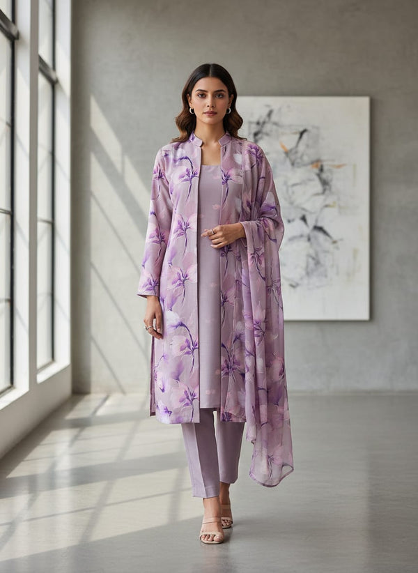 Light Purple Floral French Crepe - Jacket Kurta with Straight Pants Lookbook - FC-0-AA823-110 - alternate view