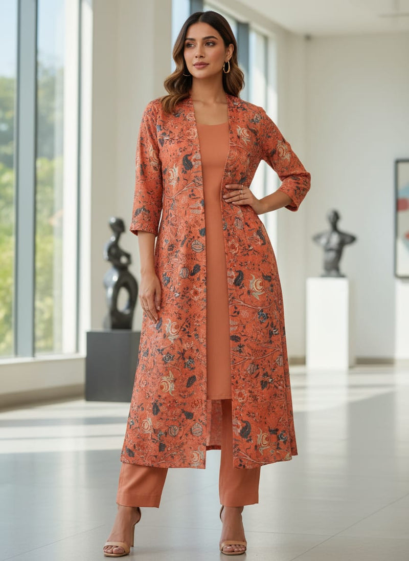 Orange Floral Crepe Fabric
