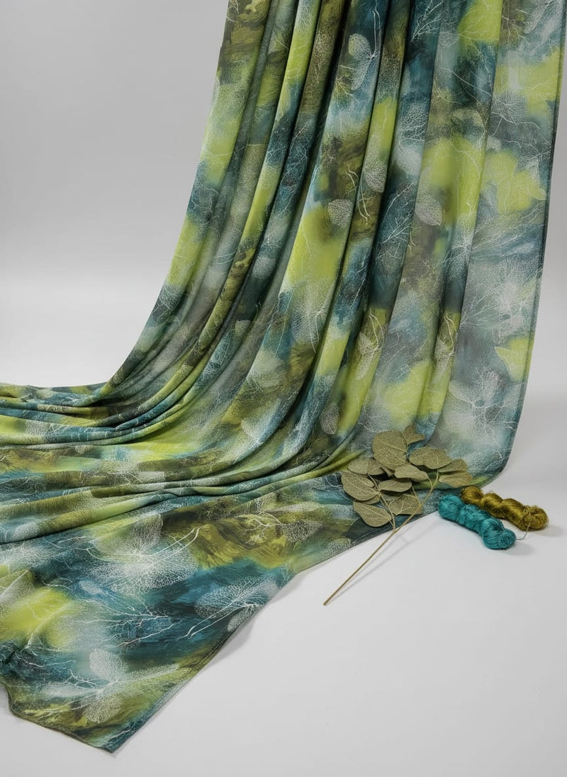 Green Leaf Printed French Crepe Fabric
