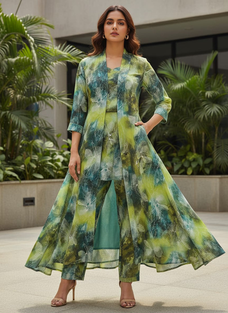 Green Leaf Printed French Crepe Fabric