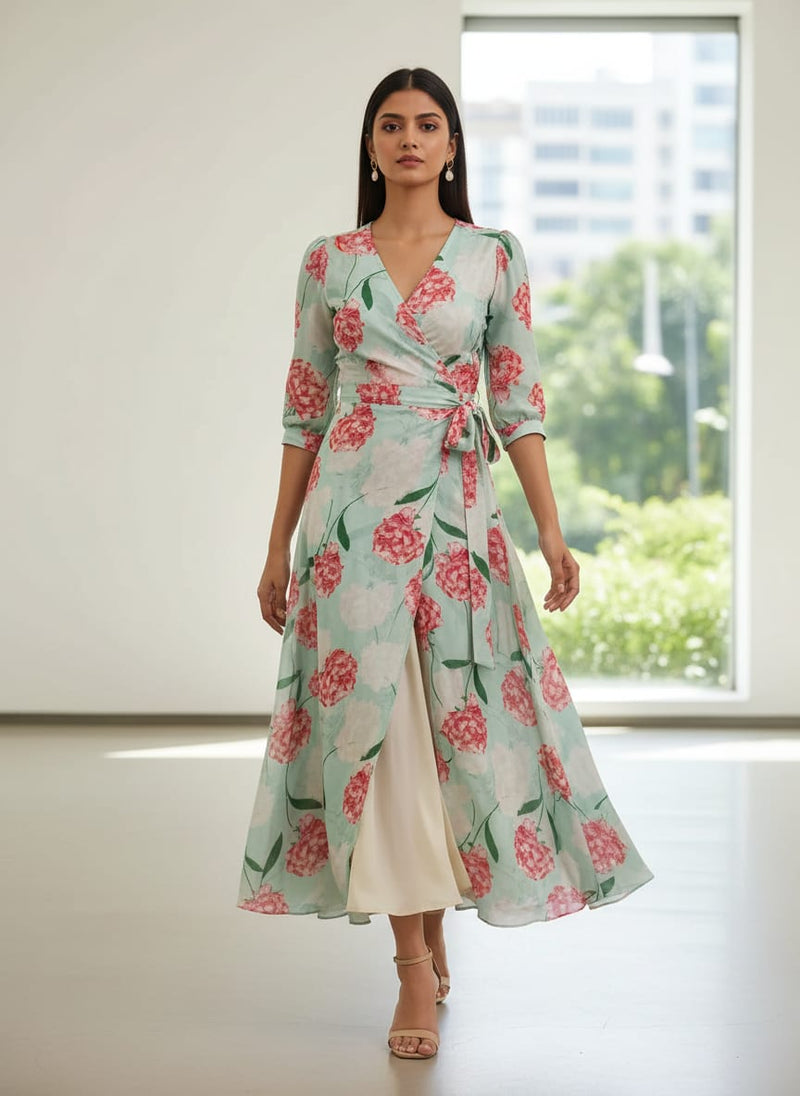 Peach Floral Crepe Fabric