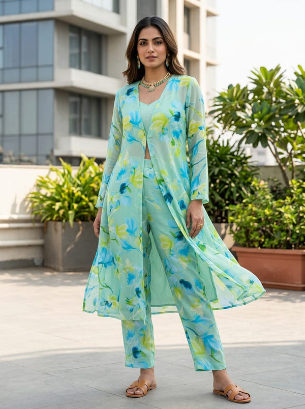 Green Abstract Watercolor Floral French Crepe Digital Printed Fabric - Jacket Kurta with Straight Pants Lookbook - FC-0-AA824-110 - alternate view